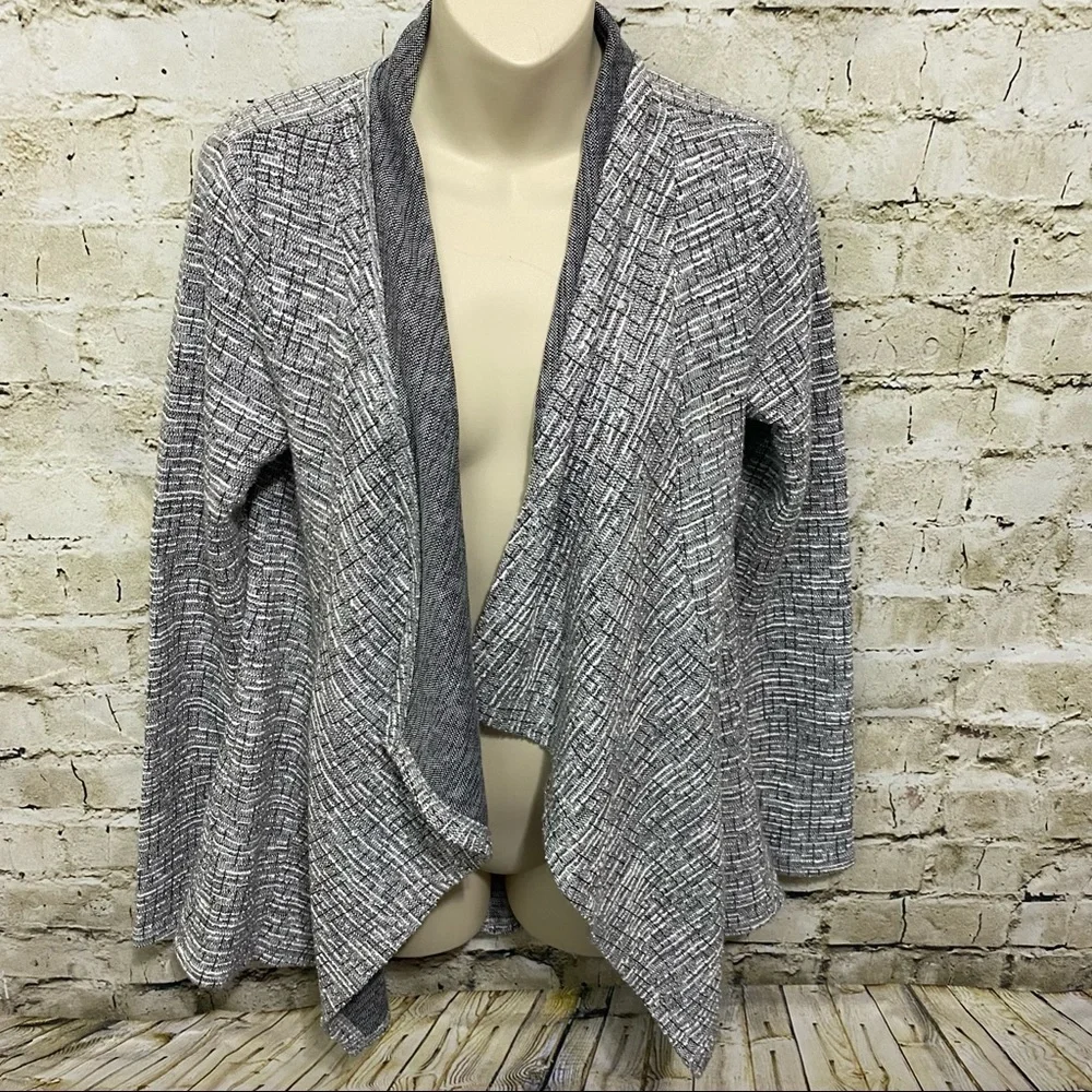 LOFT Gray White Tweed Look Open Front Waterfall Cardigan